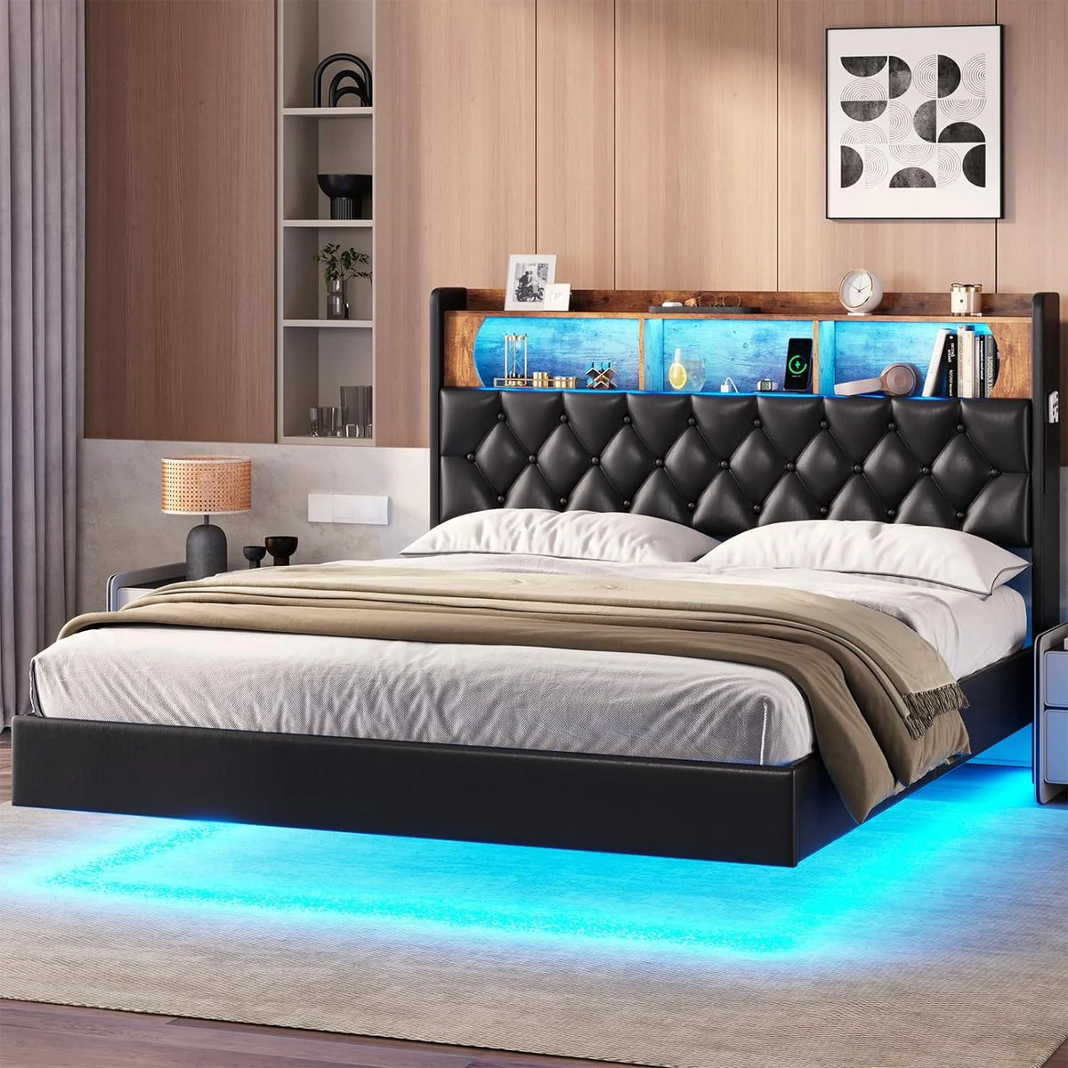 Queen Size Upholstered Platform Bed with Storage Headboard D775344