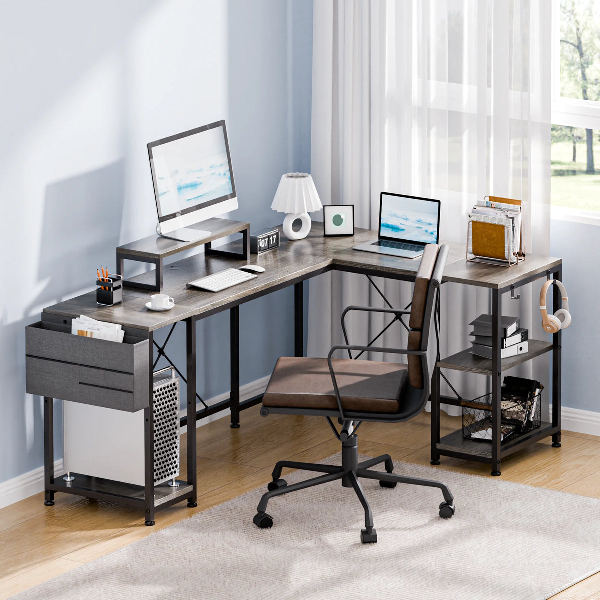 95" Grey Reversible L-Shaped Wood & Metal Computer Desk R30488