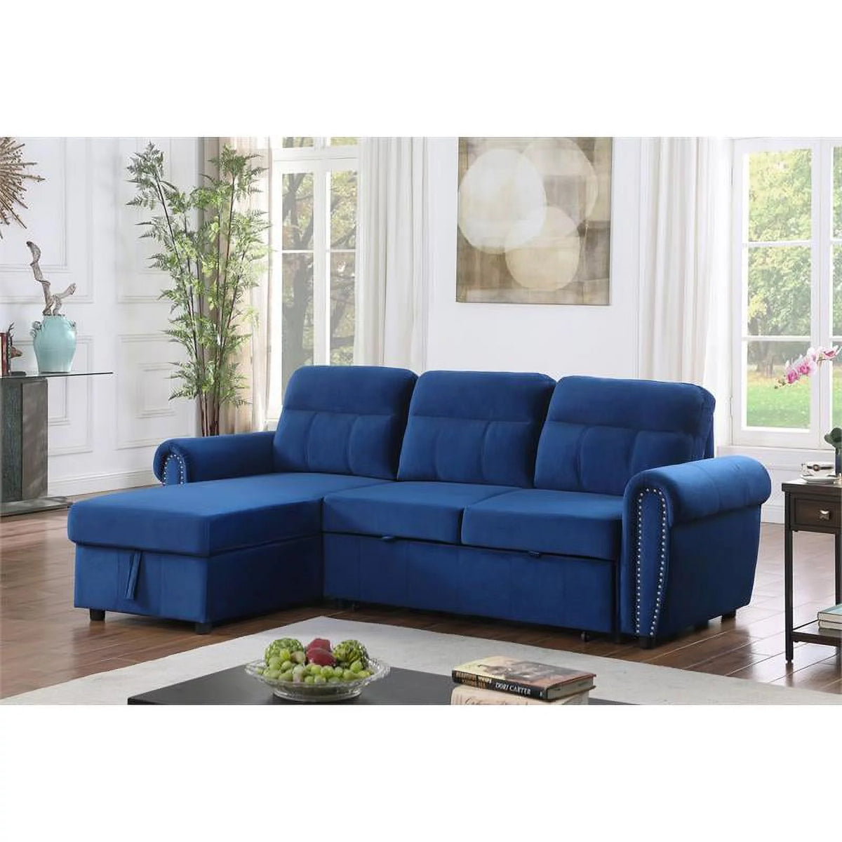 Blue Velvet Reversible Sleeper Sectional Sofa Chaise Q309044