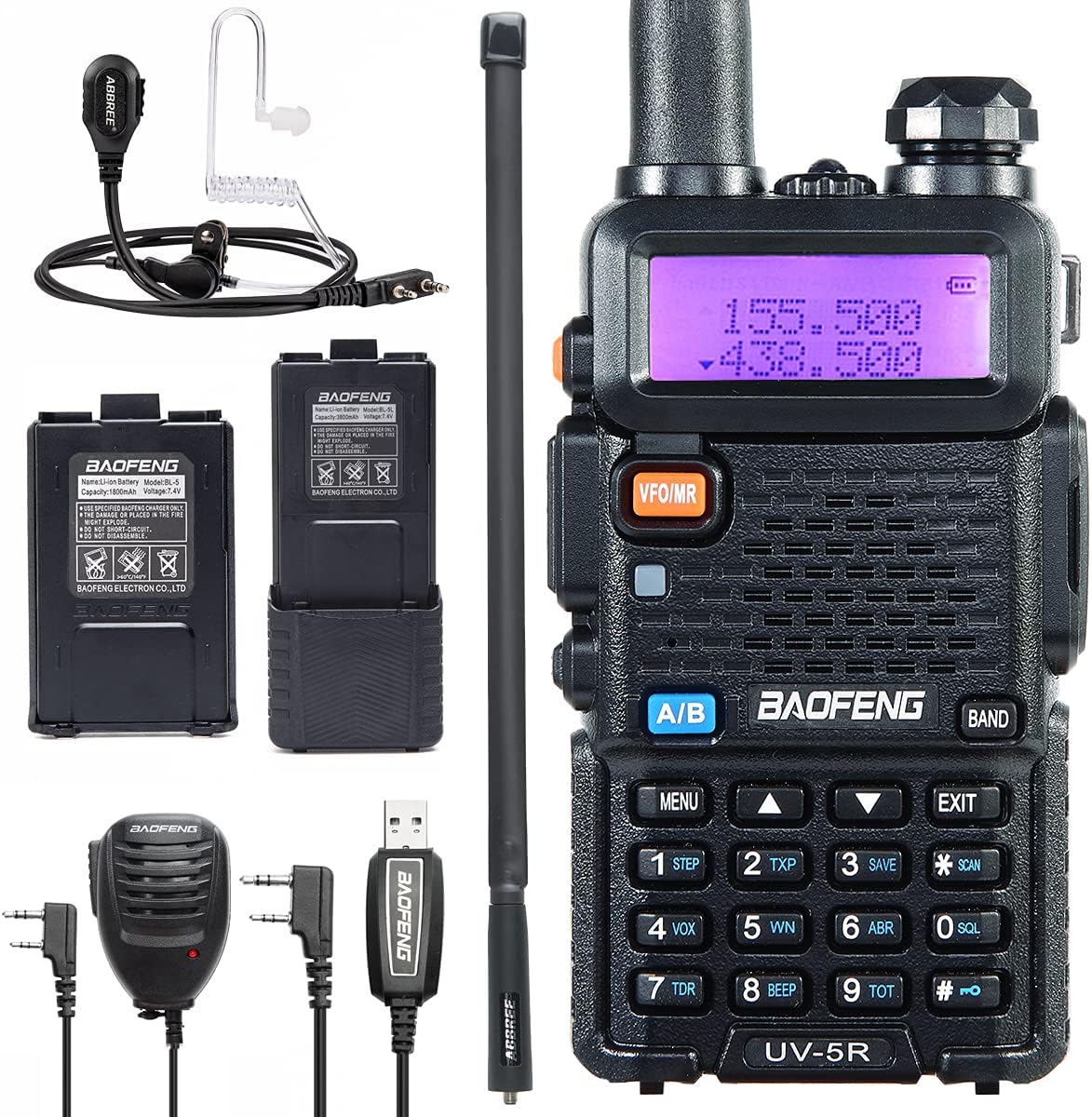 UV-5R Ham Radio Handheld 2-Way Radio with 3800mAh Battery Programming Cable Tactical Antenna and Tube Earpiece Handheld MIC Full Kit Pack of 2 L59758