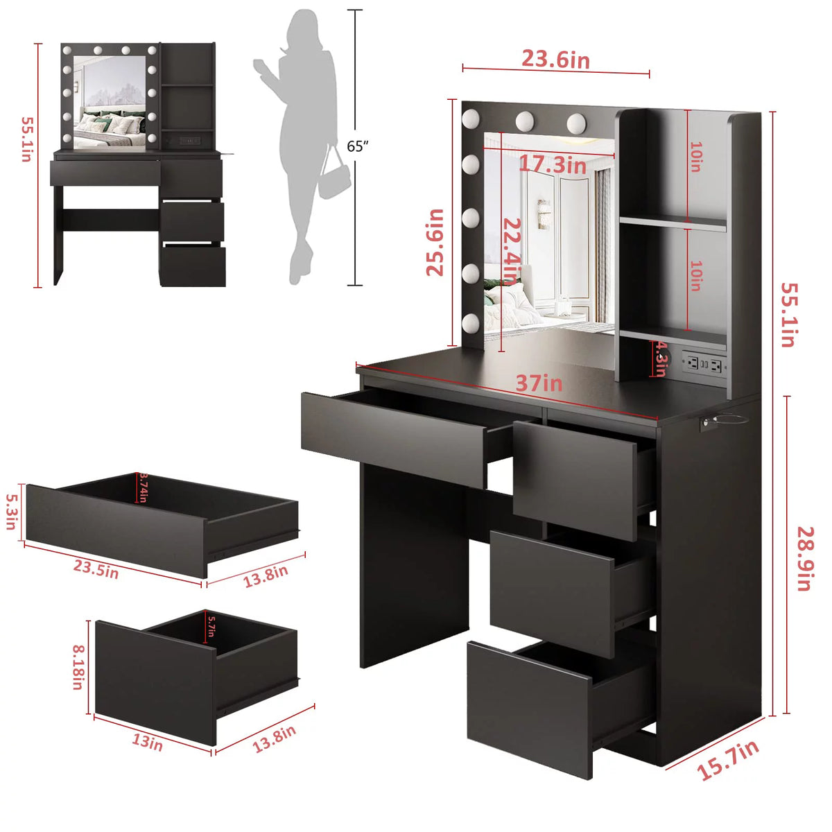 Black 4 Drawer Makeup Vanity Table L746