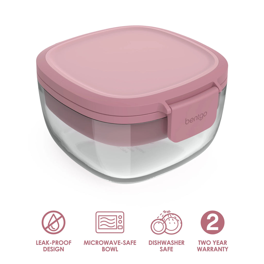 Leak-Proof Glass Salad Container with 61-oz Bowl, 4-Compartment Tray, 3-oz Sauce Container, and Reusable Fork (Dark Gray) Y726
