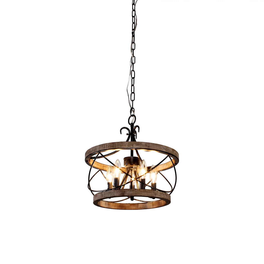 5-Light Rustic Pendant Light Adjustable Height Distressed Wood Caged Chandelier Q160444