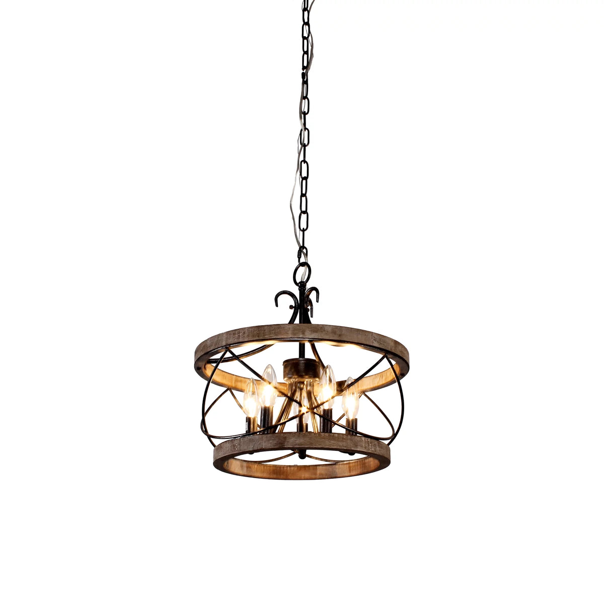 5-Light Rustic Pendant Light Adjustable Height Distressed Wood Caged Chandelier Q160444