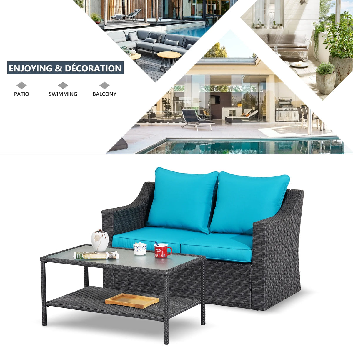 Gray Rattan Patio Loveseat with Glass Table B7611
