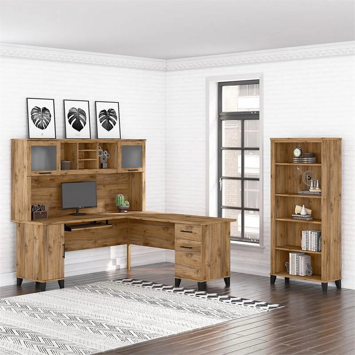 72W L Desk with Hutch and Bookcase in Fresh Walnut T50978