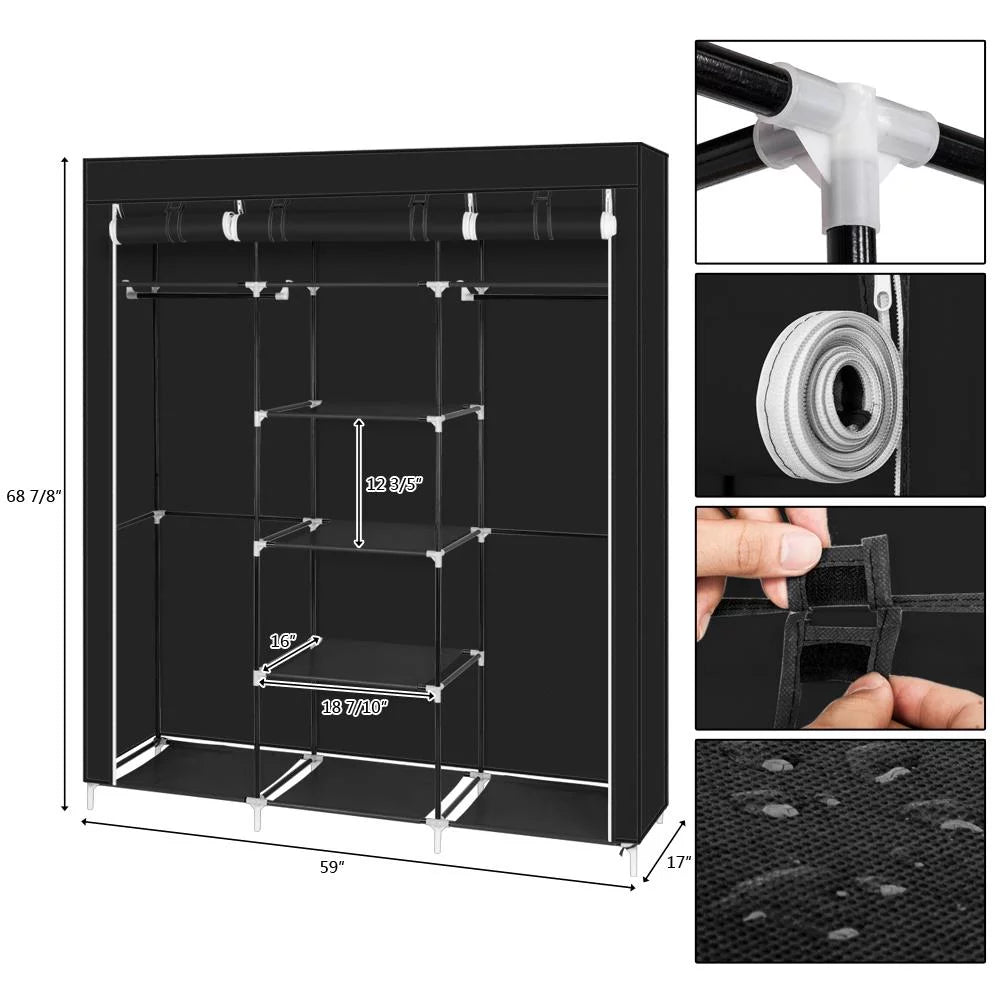 69'' Black Portable Closet Wardrobe with Metal Shelves P234