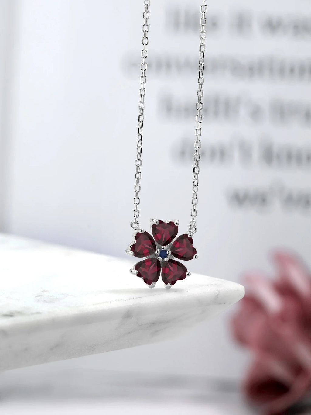 925 Sterling Silver Red Rhodolite Garnet and Blue Sapphire Pendant Necklace with 18 inch Chain T6551