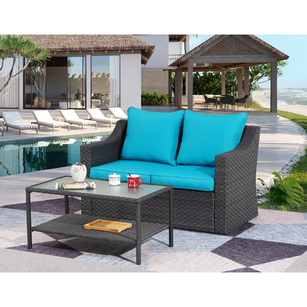 Gray Rattan Patio Loveseat with Glass Table B7611