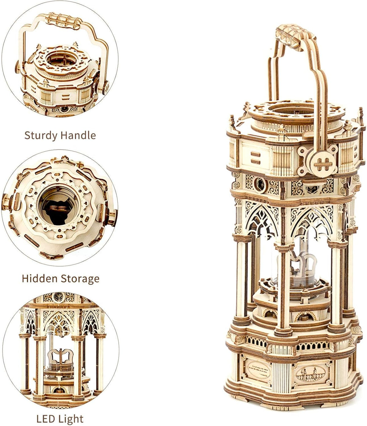3D Wooden Puzzles Mechanical Music Box DIY Rotating Vintage LED Lantern 11.8 S4576