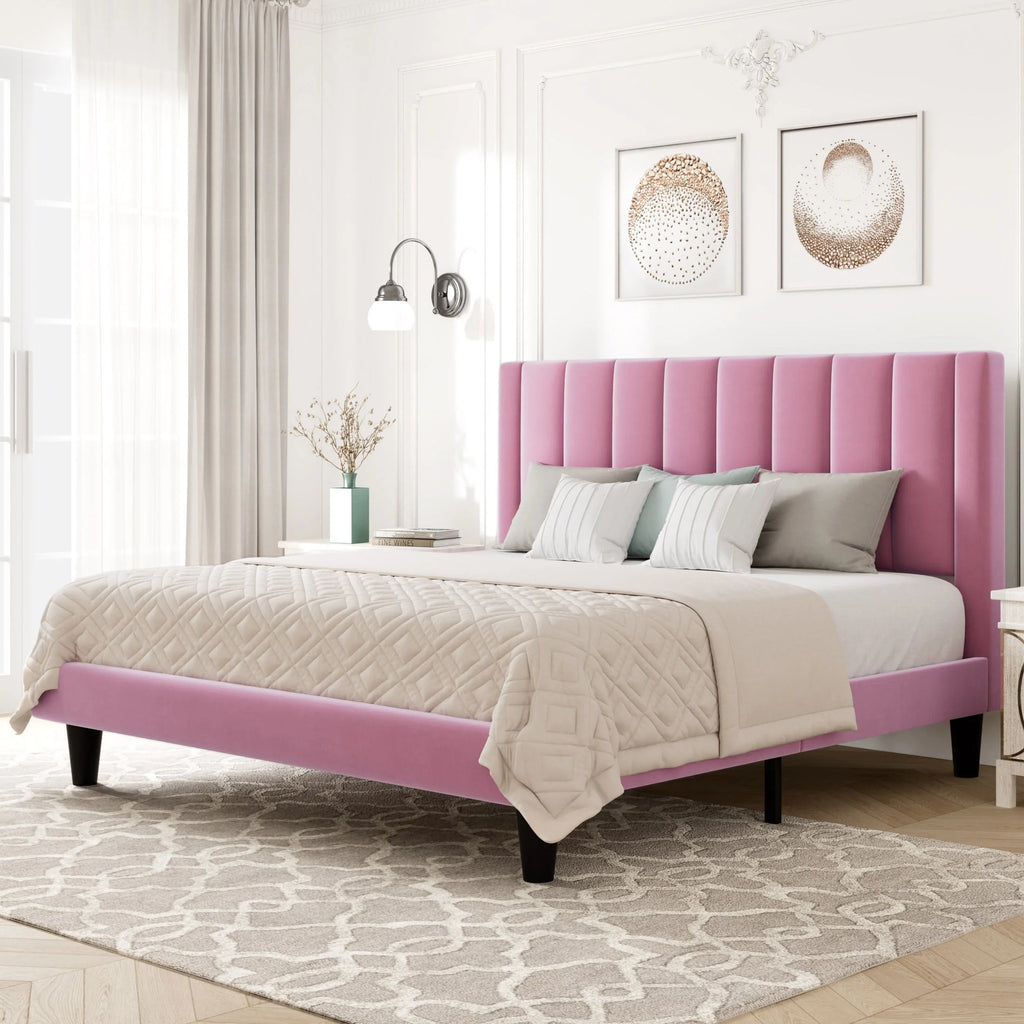 Queen Light Pink Velvet Upholstered Bed Frame U25093