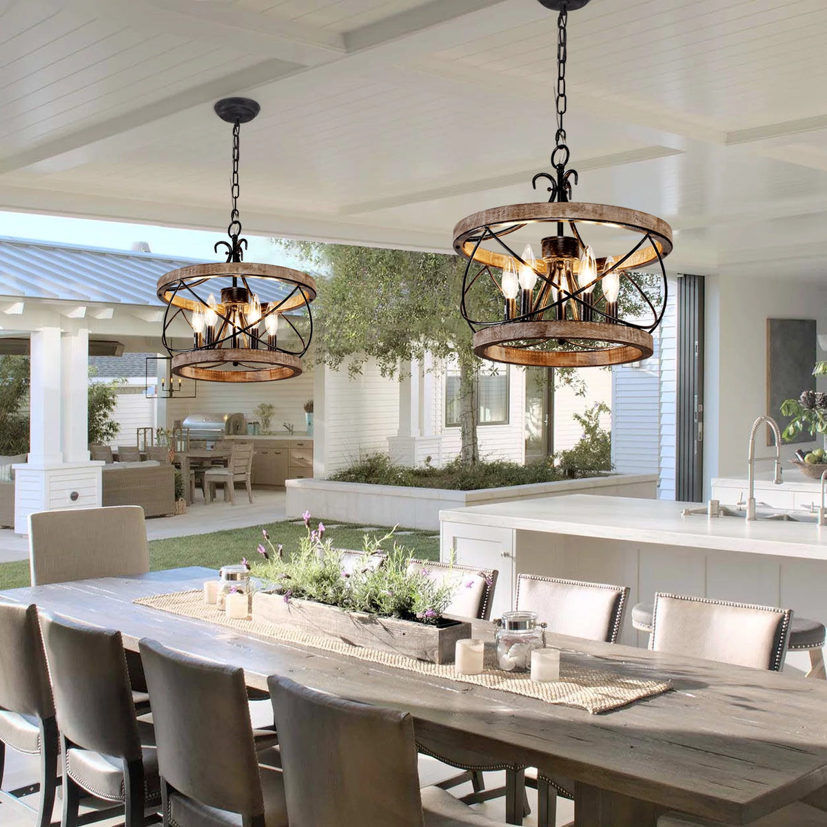 5-Light Rustic Pendant Light Adjustable Height Distressed Wood Caged Chandelier Q160444