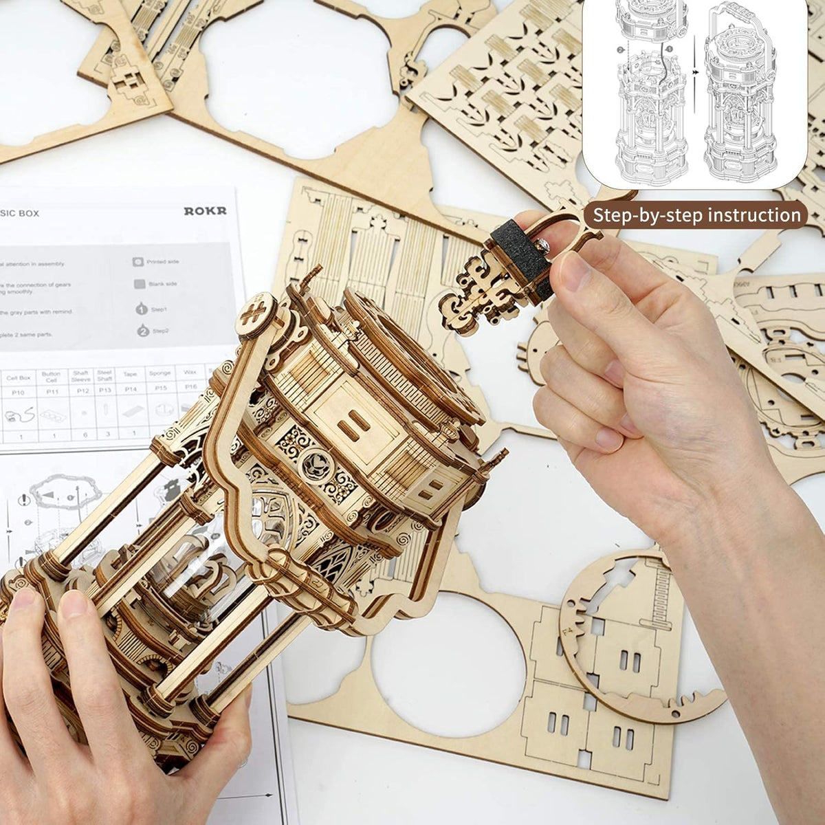 3D Wooden Puzzles Mechanical Music Box DIY Rotating Vintage LED Lantern 11.8 S4576
