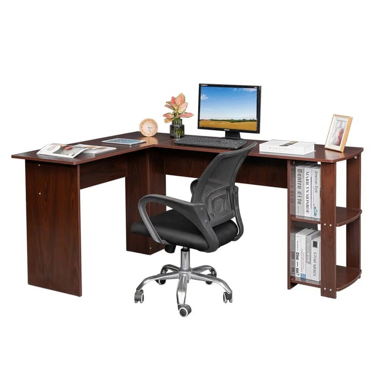 L-Shaped Wood Computer Desk with Shelves Dark Brown L770301