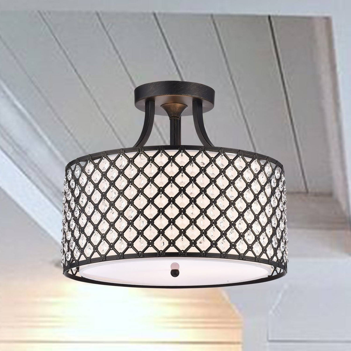 3-Light Antique Black Beaded Drum Semi-Flush Mount W43061