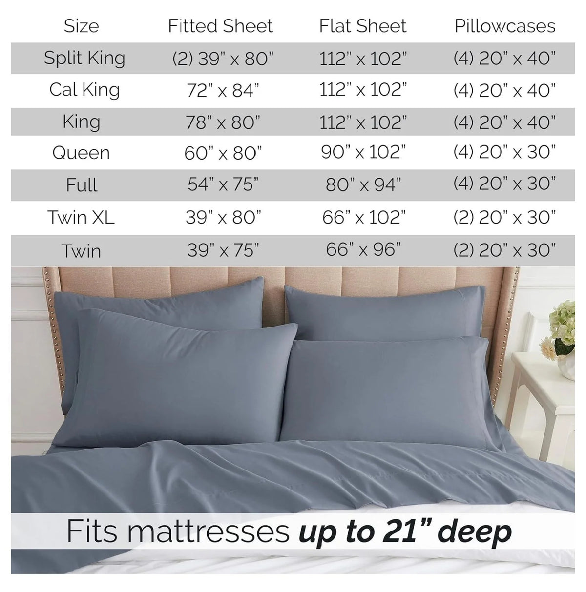 6-Piece King Microfiber Sheet Set with 21" Deep Fitted Sheet, Slate Blue P301599
