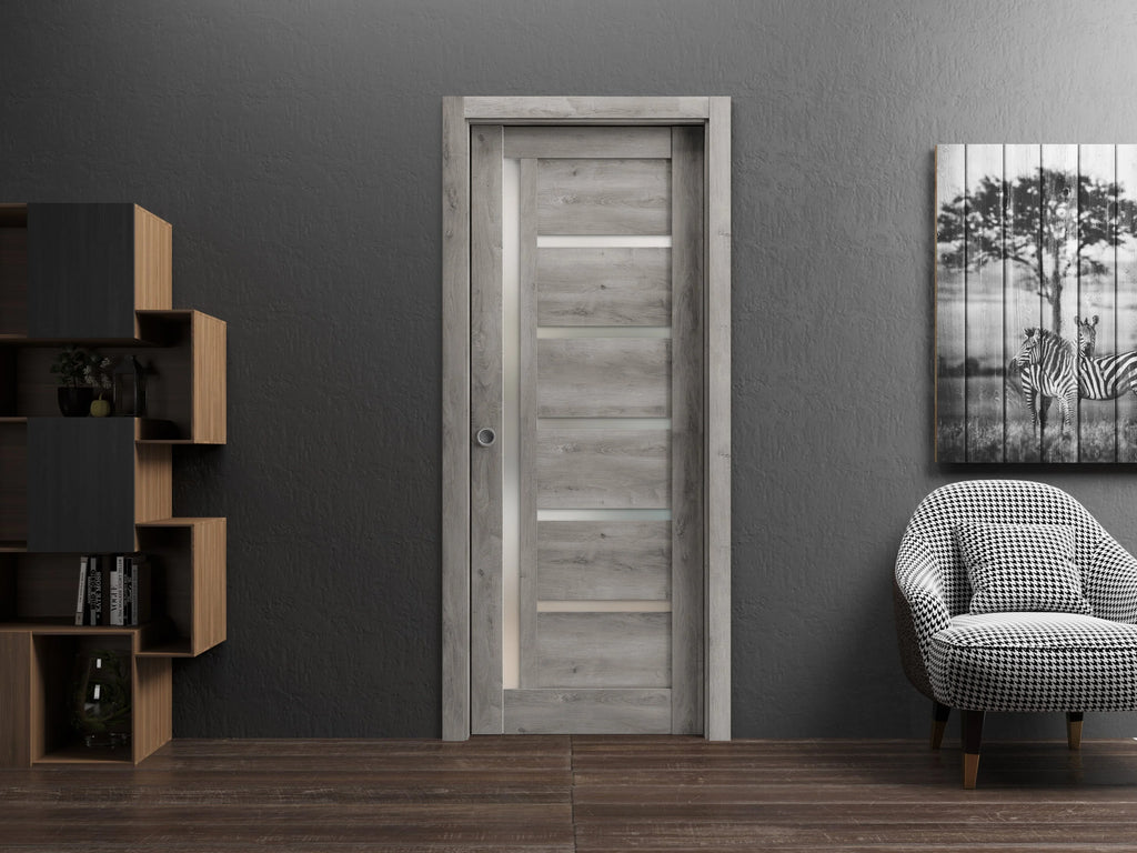 Sliding French Pocket Door 18 x 80 inches with Frosted Glass Solid Wood Interior Door D513701