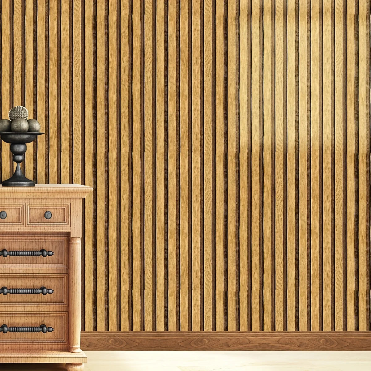 Glossy Light Brown Wood Grain Stripe Wallpaper V148