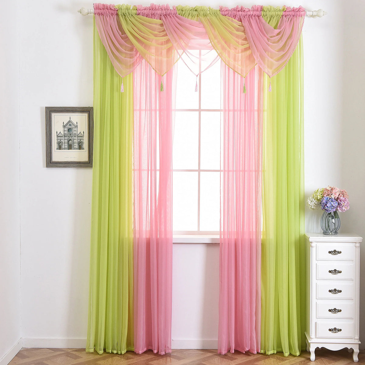 15 Color Solid Sheer Voile Curtains with Tassle K9608
