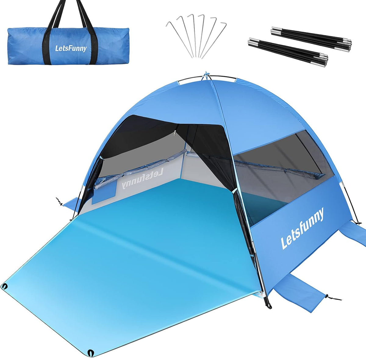 Blue Beach Tent with Extended Floor and 3 Mesh Roll Up Windows X535