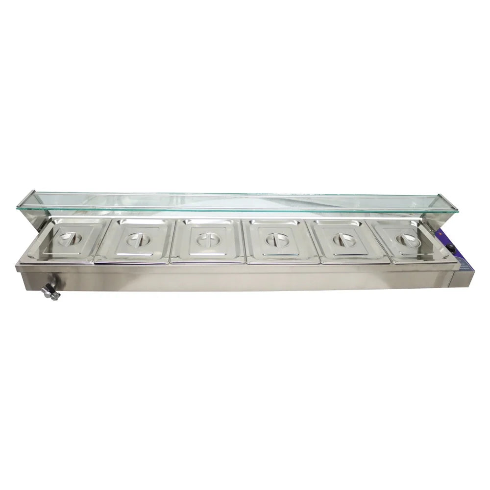 Electric Commercial Bain-marie Buffet Food Warmer Steam Table with Glass Guard 6-Pan A4751