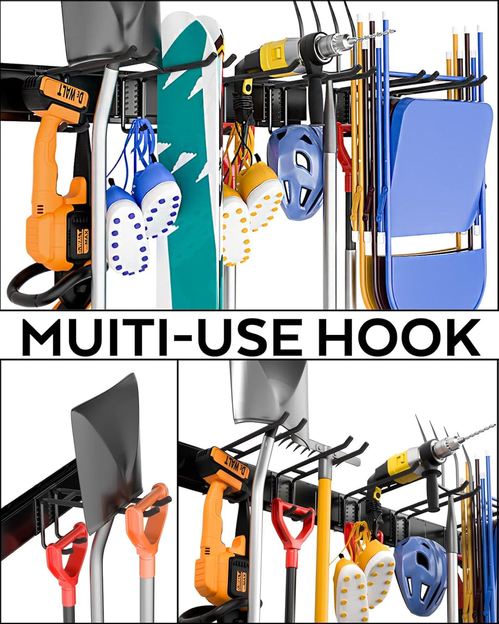 48 Inch Wall Mounted Tool Storage Rack with 6 Adjustable Hooks and 3 Rails Pack of 2 A7961