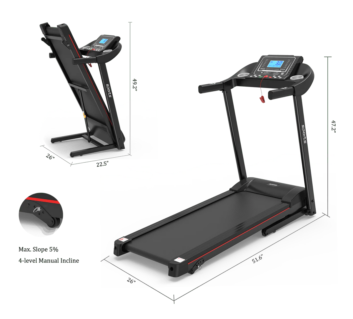 Foldable Treadmill 5 LCD Screen 250 lb Capacity with Bluetooth Y158
