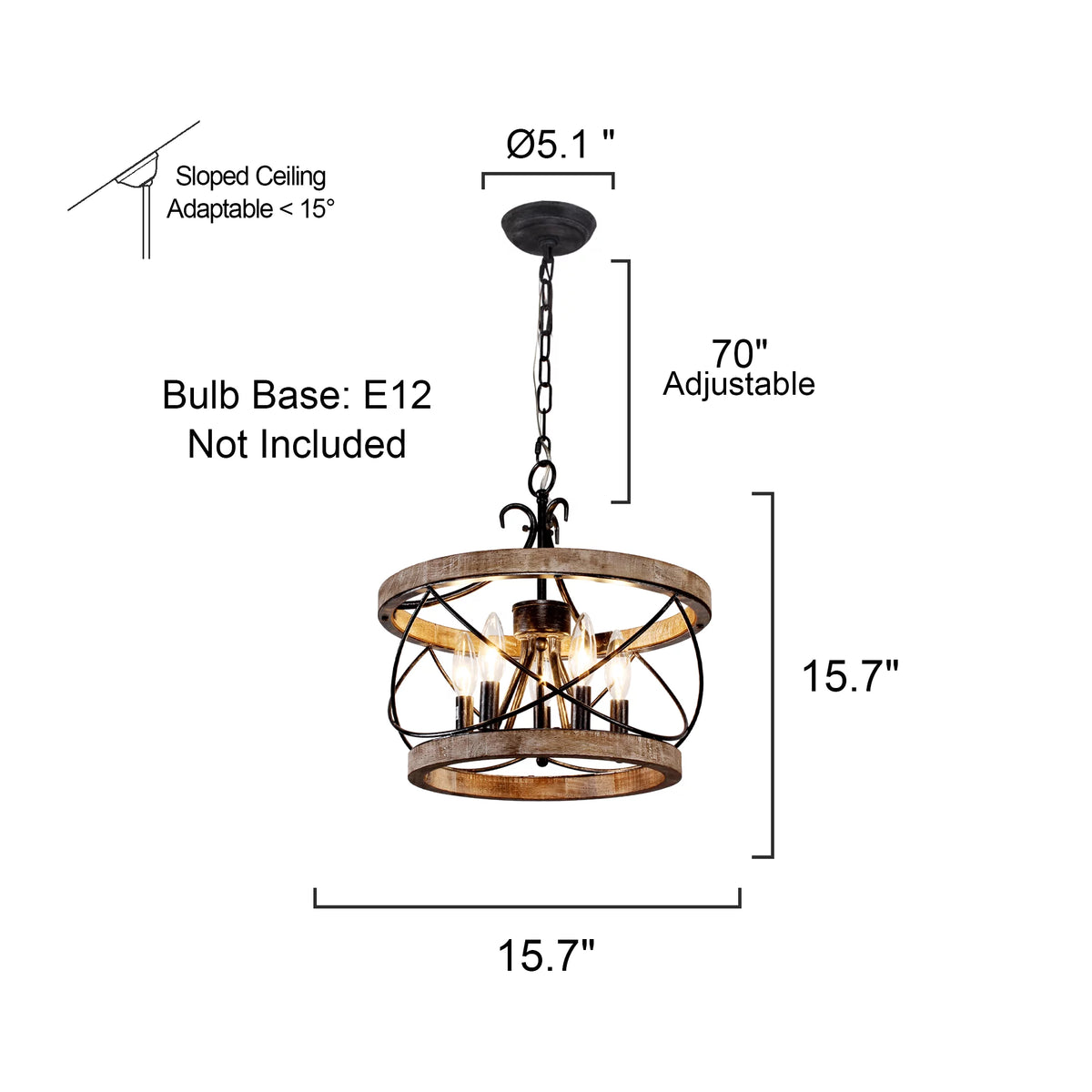 5-Light Rustic Pendant Light Adjustable Height Distressed Wood Caged Chandelier Q160444