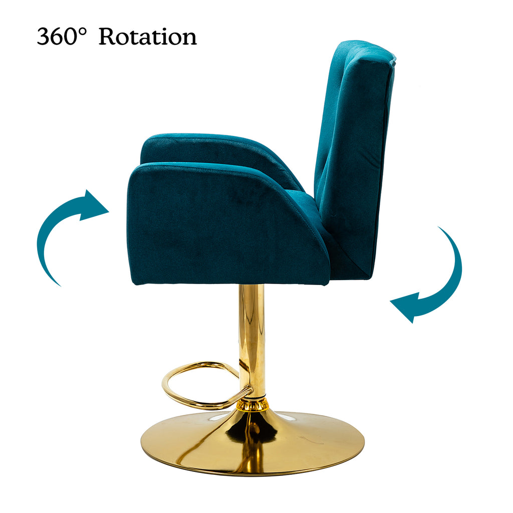 Teal Velvet Swivel Adjustable Counter Height Bar Stool with Footrest Gold Round Base Y408035