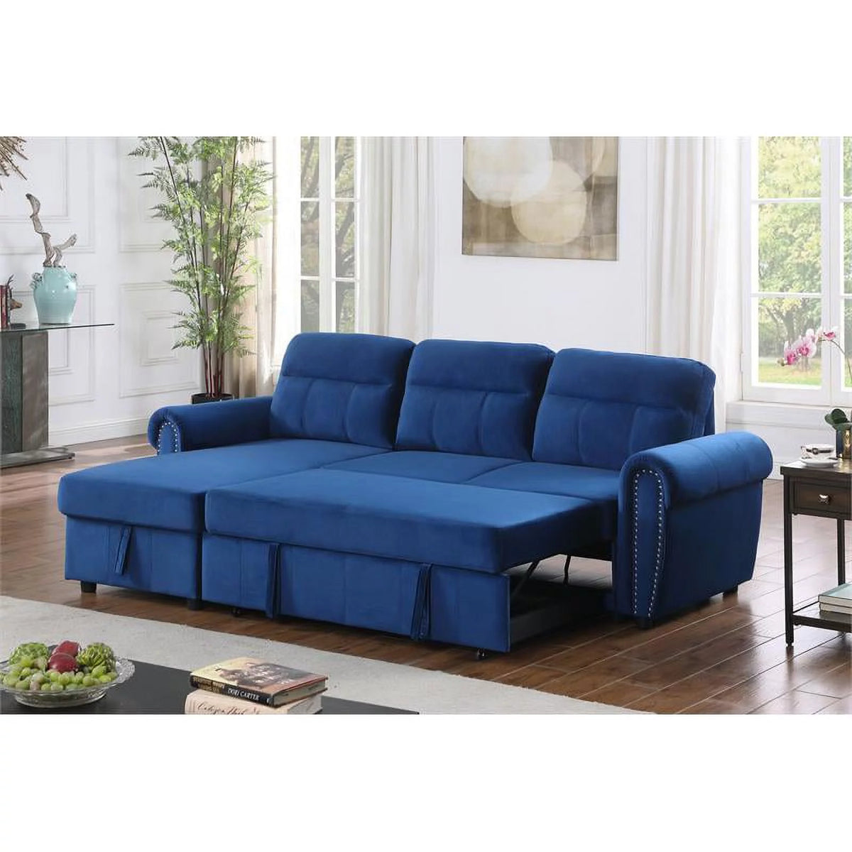 Blue Velvet Reversible Sleeper Sectional Sofa Chaise Q309044