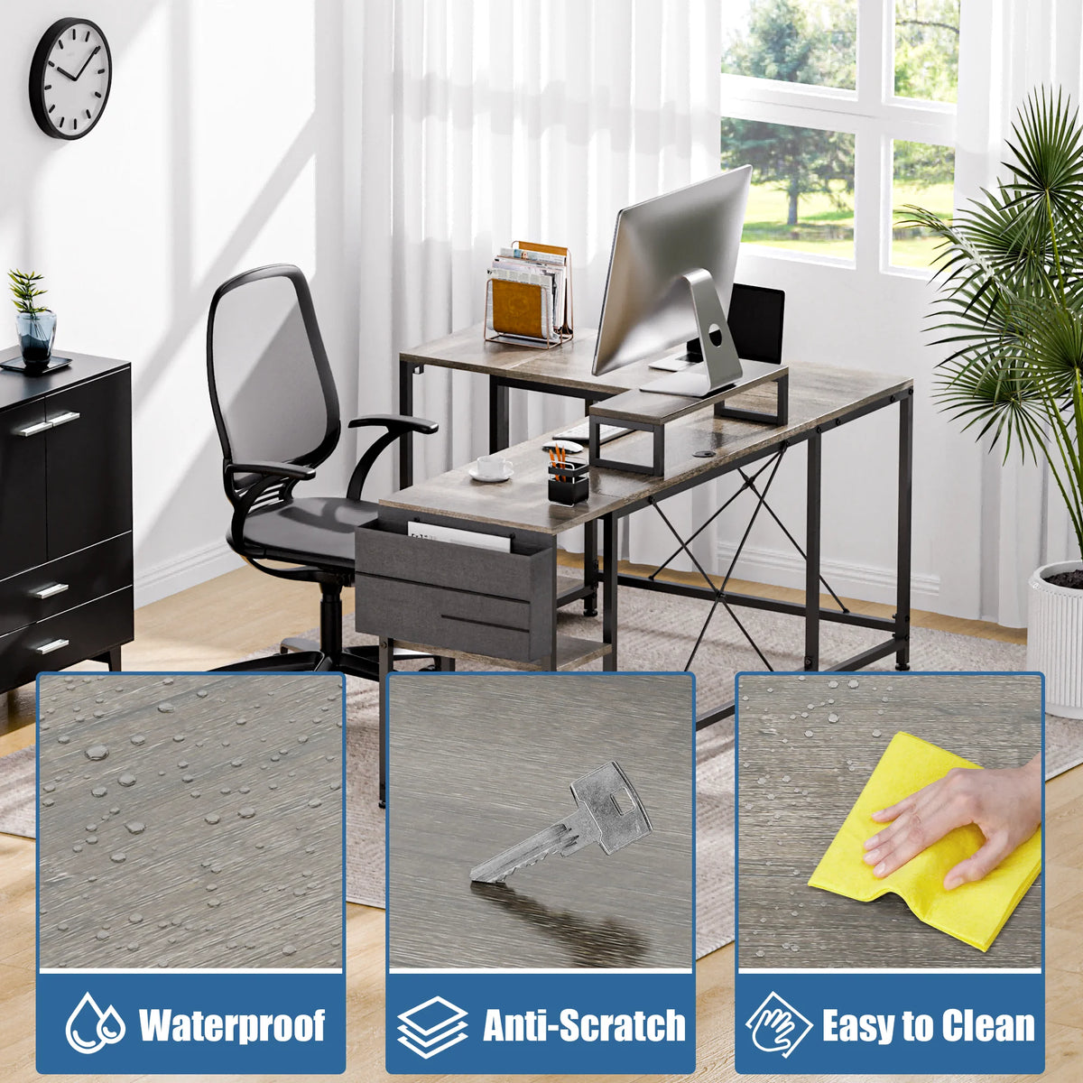 95" Grey Reversible L-Shaped Wood & Metal Computer Desk R30488