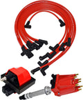 8mm Spark Plug Wires and E-Core Ignition Coil for SBC BBC GMC Chevrolet 5.7L Pickup Truck Van Camaro 305 350 Red Cap and Wires P69234