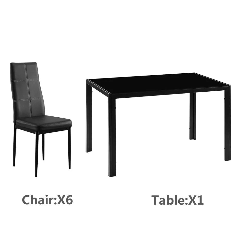 Black 7 Piece Glass Metal Dining Set K92412