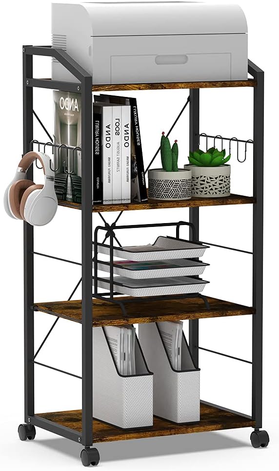 White 4-Tier Mobile Printer Stand Utility Cart Wooden Adjustable Shelves with 8 Hooks Caster Wheels C628