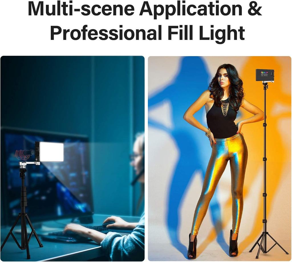 RGB Video Lighting with Portable Tripod Stand, LED Camera Light Kit, 8500K Light Panel with Aluminum Alloy Body D108