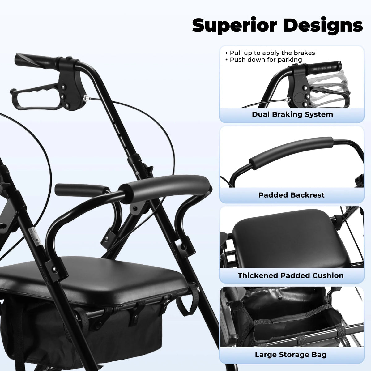 Black Height Adjustable Rollator Walker with Armrest and Backrest R160807