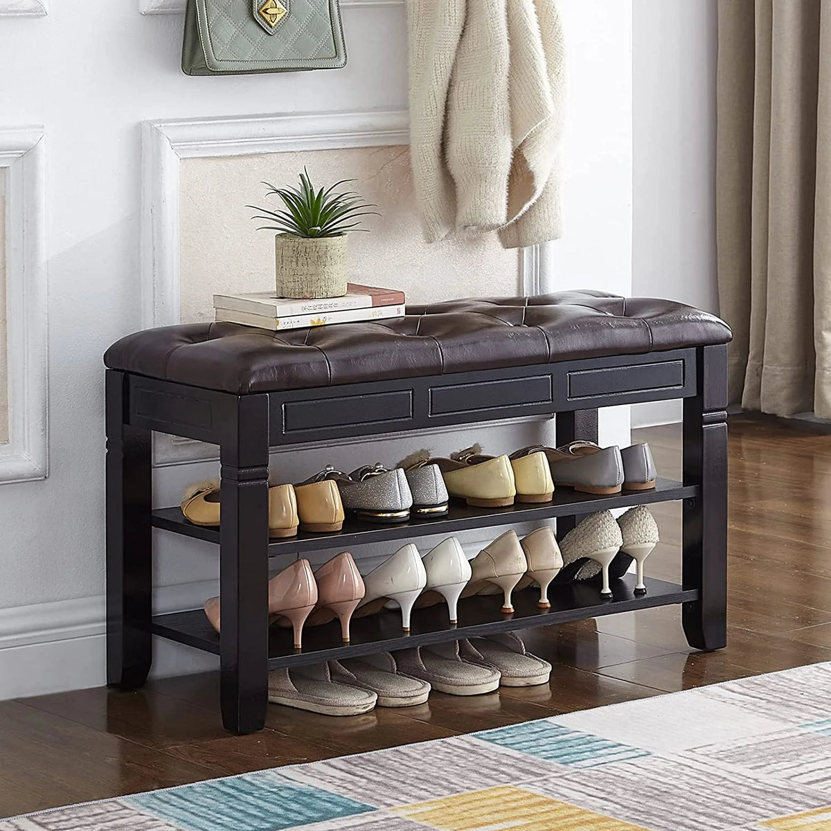Black Shoe Storage Bench with Cushion H976