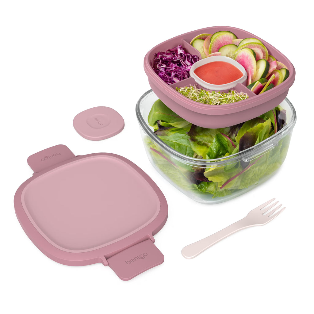 Leak-Proof Glass Salad Container with 61-oz Bowl, 4-Compartment Tray, 3-oz Sauce Container, and Reusable Fork (Dark Gray) Y726