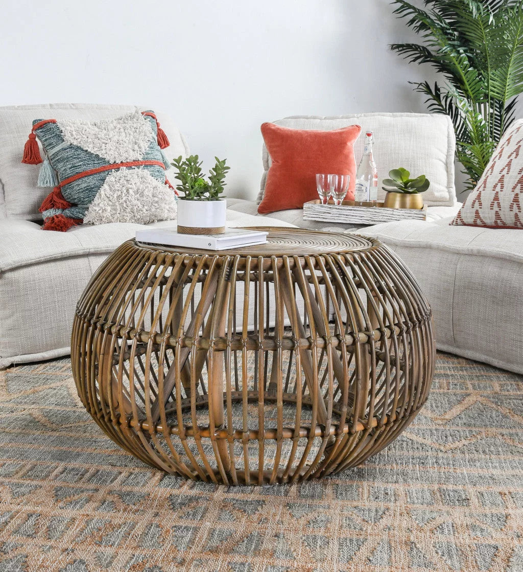 Natural Rattan Round Distressed Coffee Table B6223