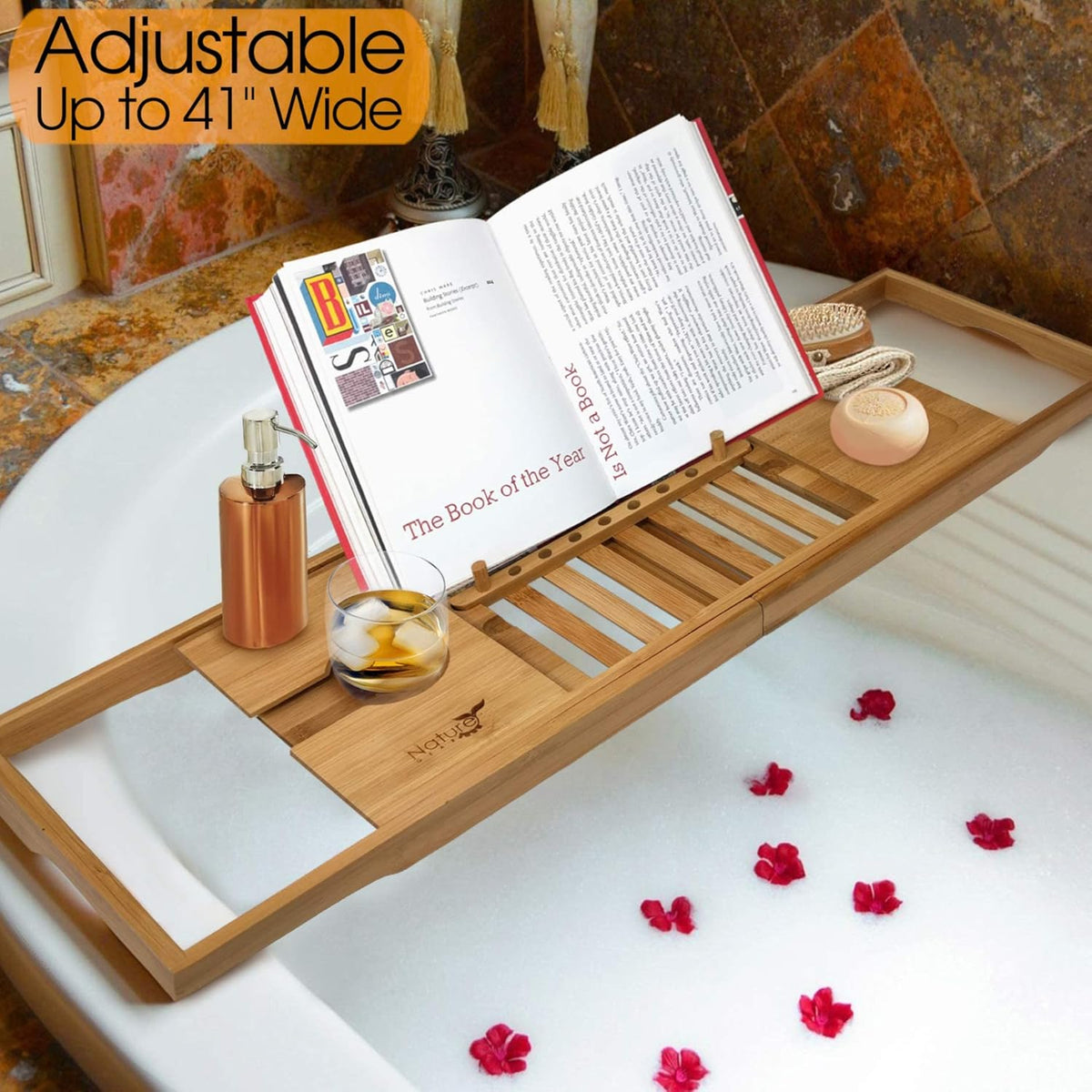 Wooden Bamboo Bathtub Tray with Wine Holder, Pack of 2 T554051