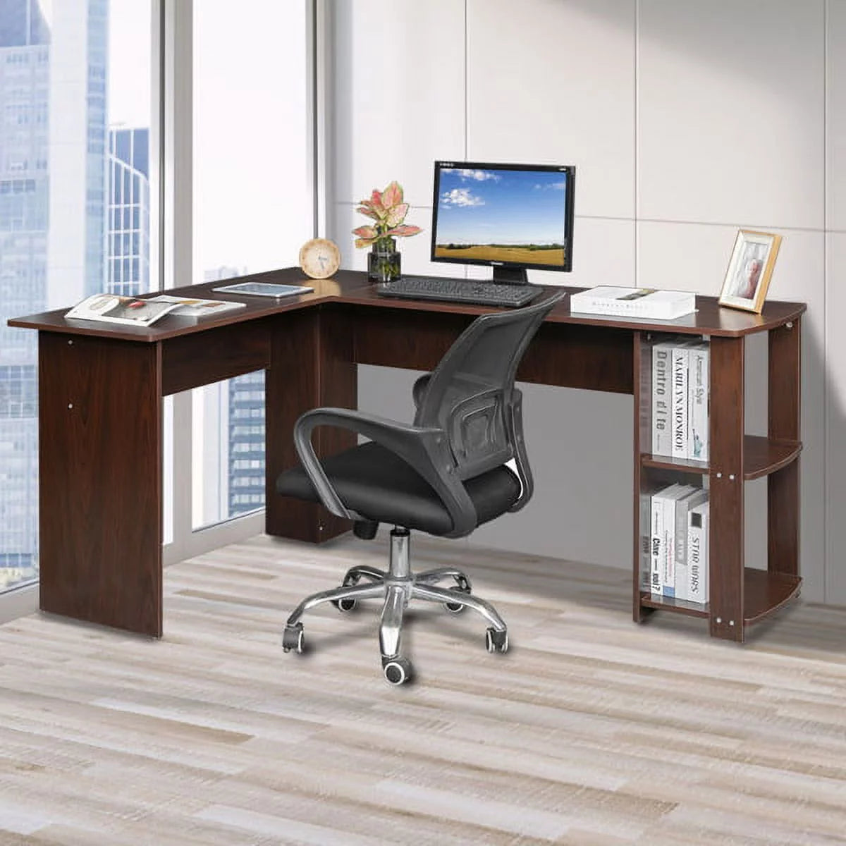 L-Shaped Wood Computer Desk with Shelves Dark Brown L770301