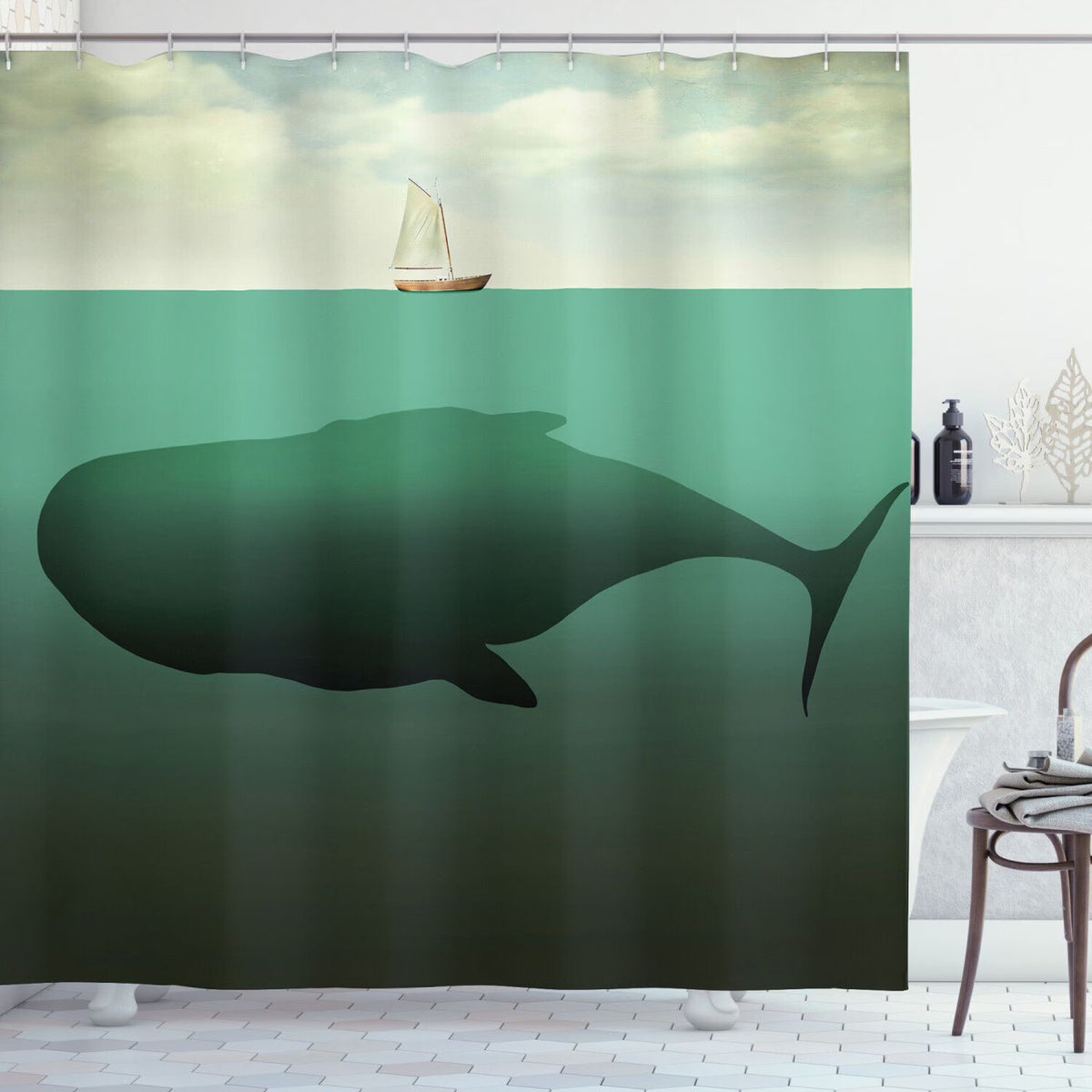 Giant Whale Sailboat Print Shower Curtain H255
