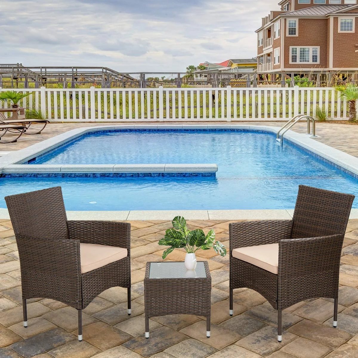 3 Pieces Wicker Bistro Set with Khaki Cushion Steel Frame K897
