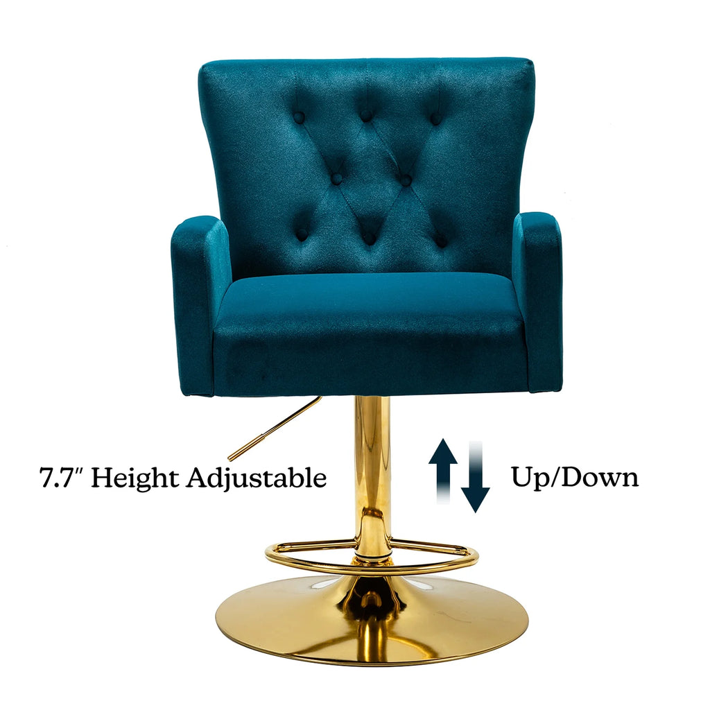 Teal Velvet Swivel Adjustable Counter Height Bar Stool with Footrest Gold Round Base Y408035