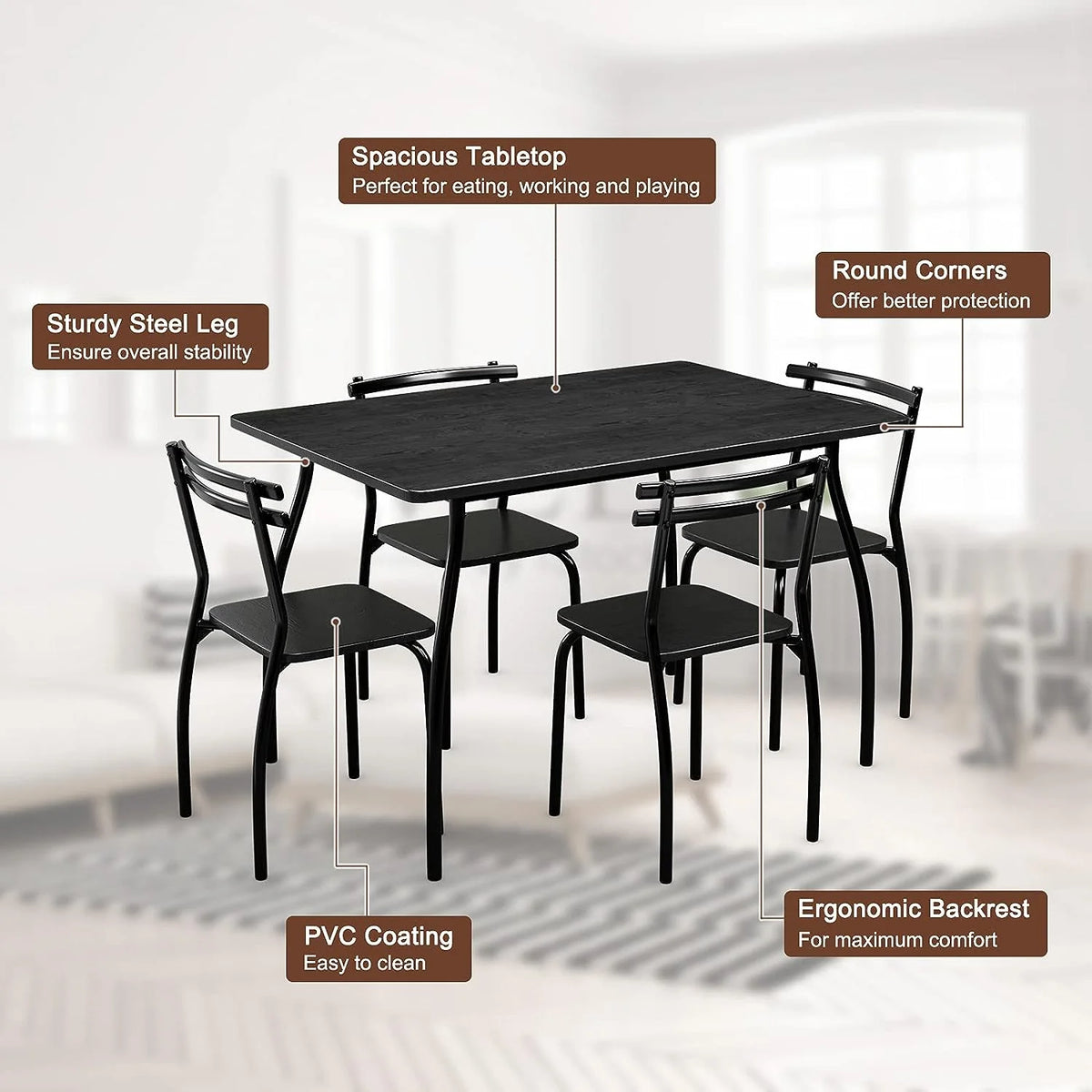 Modern Metal and Wood Rectangular Dining Table Set with 4 Chairs U4216