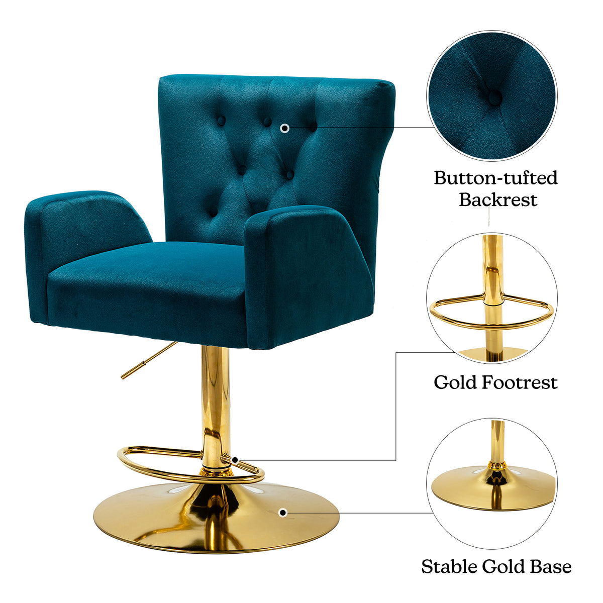 Teal Velvet Swivel Adjustable Counter Height Bar Stool with Footrest Gold Round Base Y408035