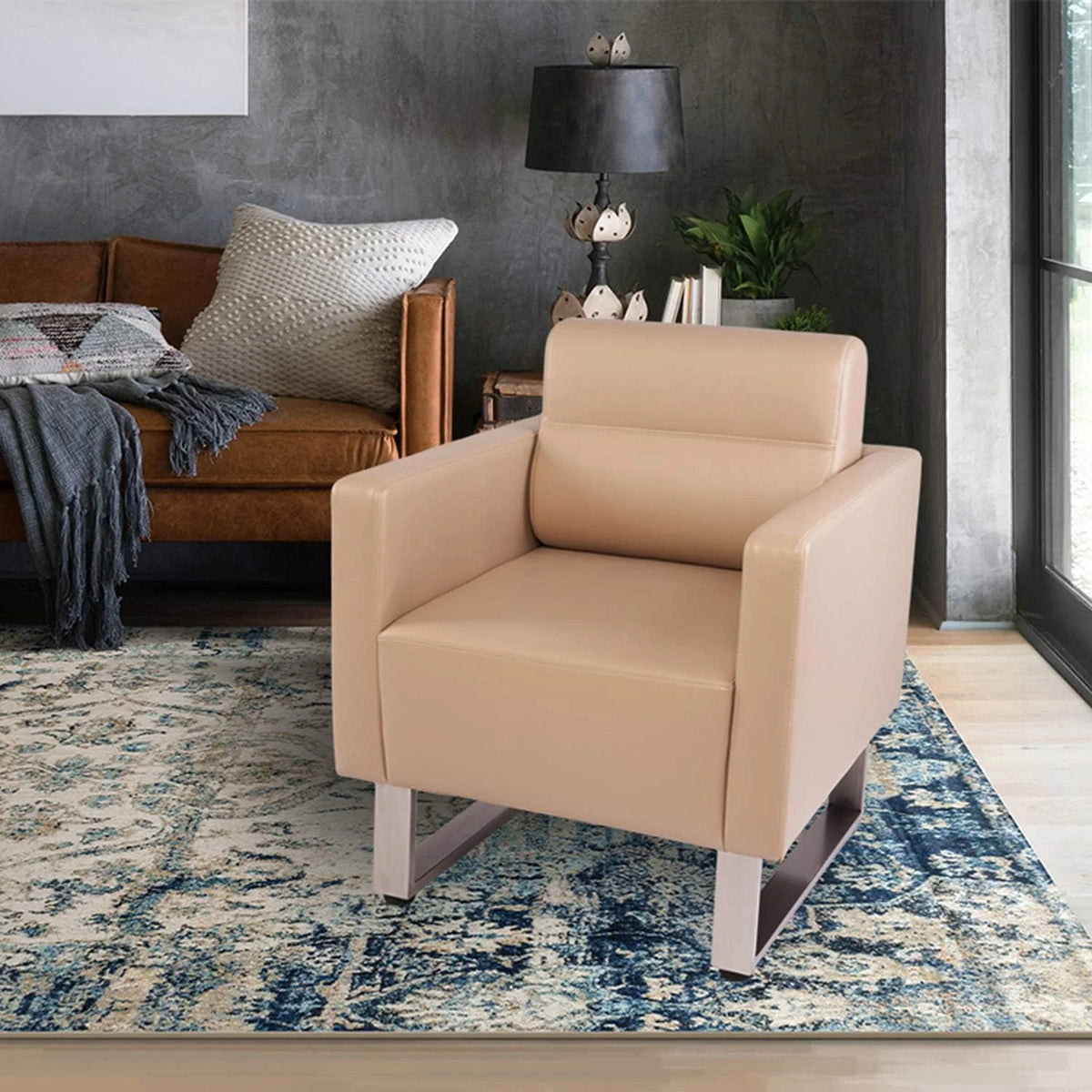Beige PU Leather Office Guest Chair with Cushion K2199