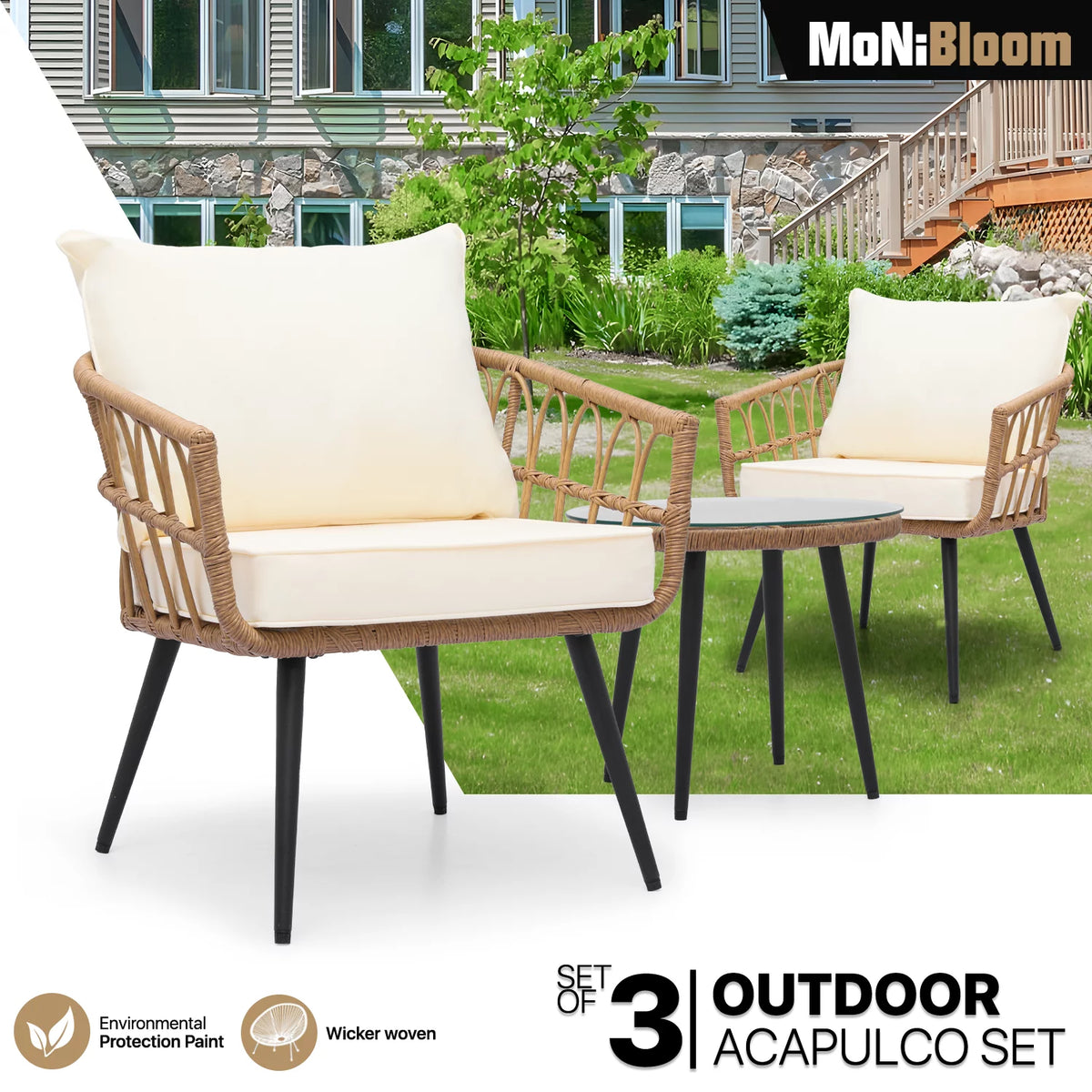 3 Pieces Outdoor Patio Furniture Rattan Wicker Table & Chairs Set K479