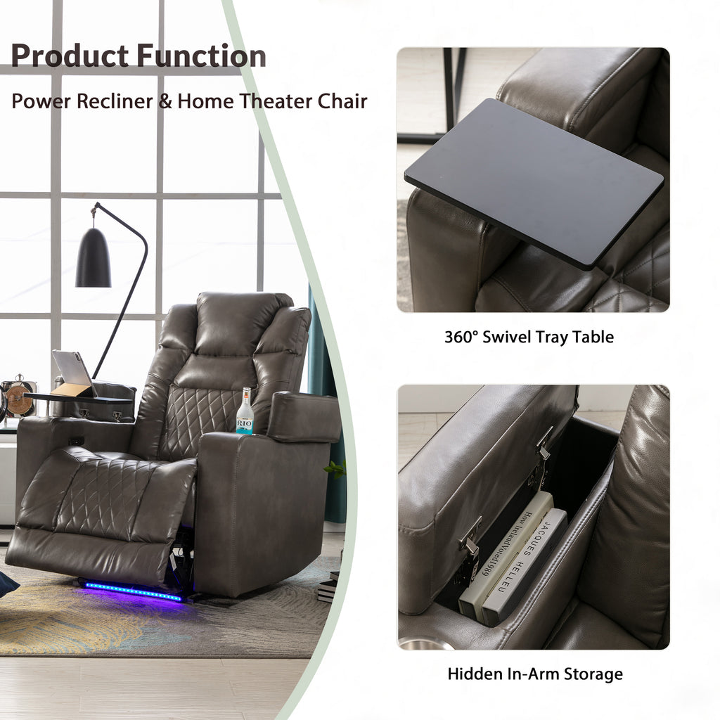 Power Motion Recliner with USB Charging Port and Hidden Arm Storage, 2 Cup Holders and 360° Swivel Tray Table Z483483