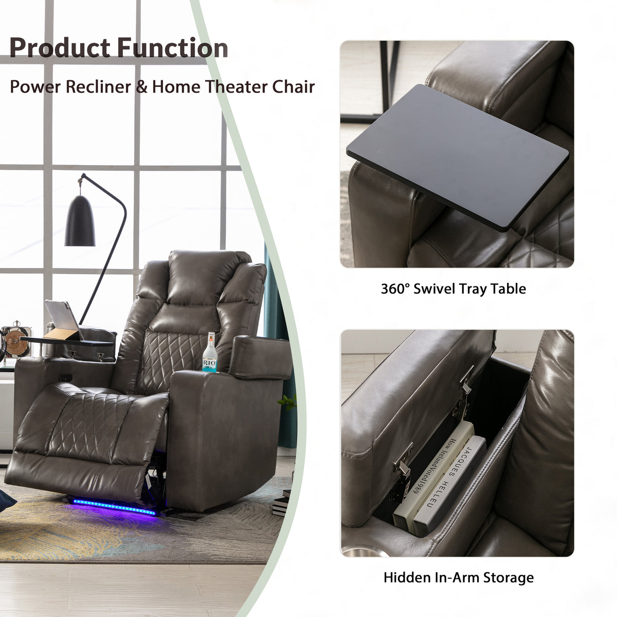 Power Motion Recliner with USB Charging Port and Hidden Arm Storage, 2 Cup Holders and 360° Swivel Tray Table Z483483